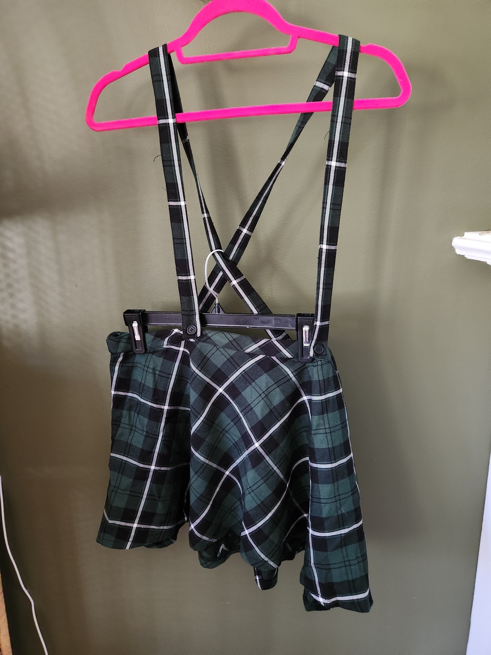 Green and Black Tartan mini Skirt with suspenders - Size XXL - Zipper back